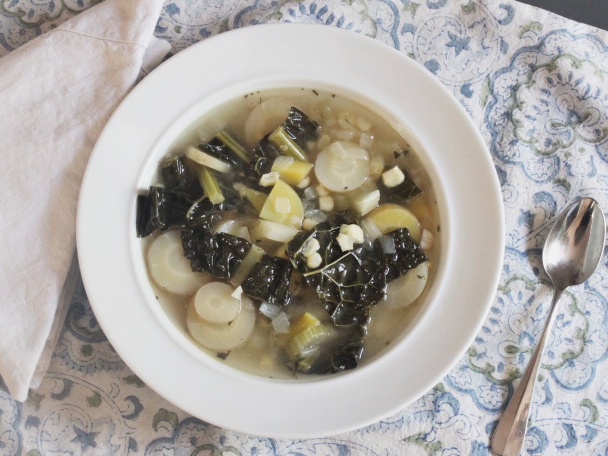 Corn, Asparagus, White Carrot, and Kale&nbsp;Soup