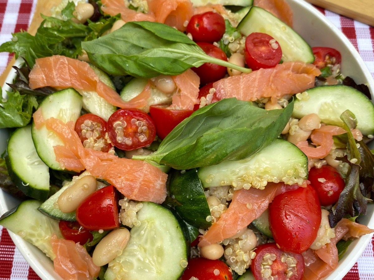 Smoked Salmon and White Bean Quinoa Salad with a Basil Lemon&nbsp;Vinaigrette