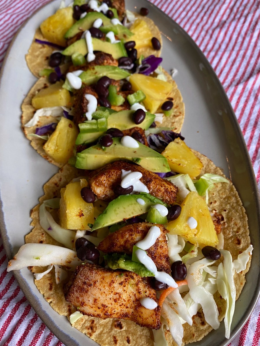 Pineapple and Blackened Fish Tacos with Limey Greek Yogurt&nbsp;Crema