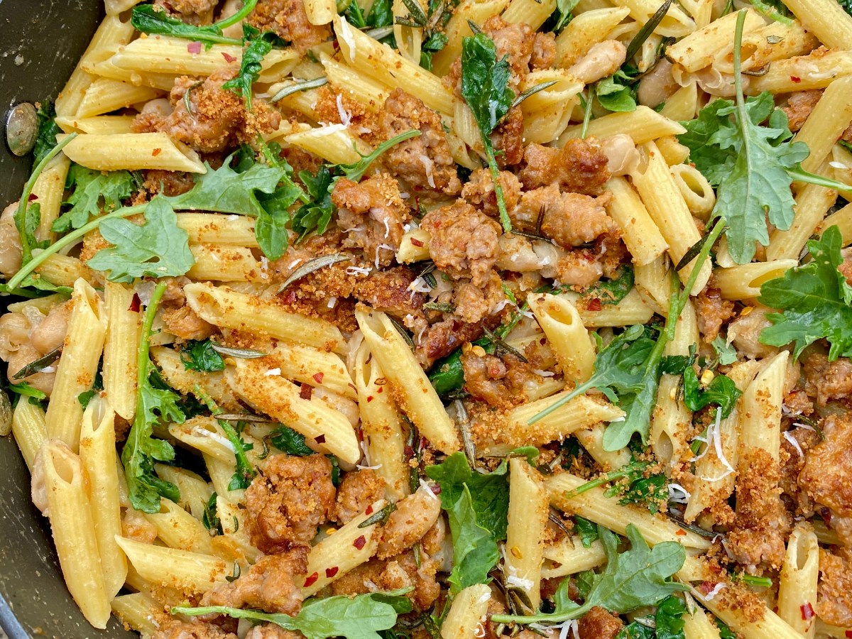 Spicy Italian Sausage Pasta with White Beans, Kale, and Crispy&nbsp;Breadcrumbs